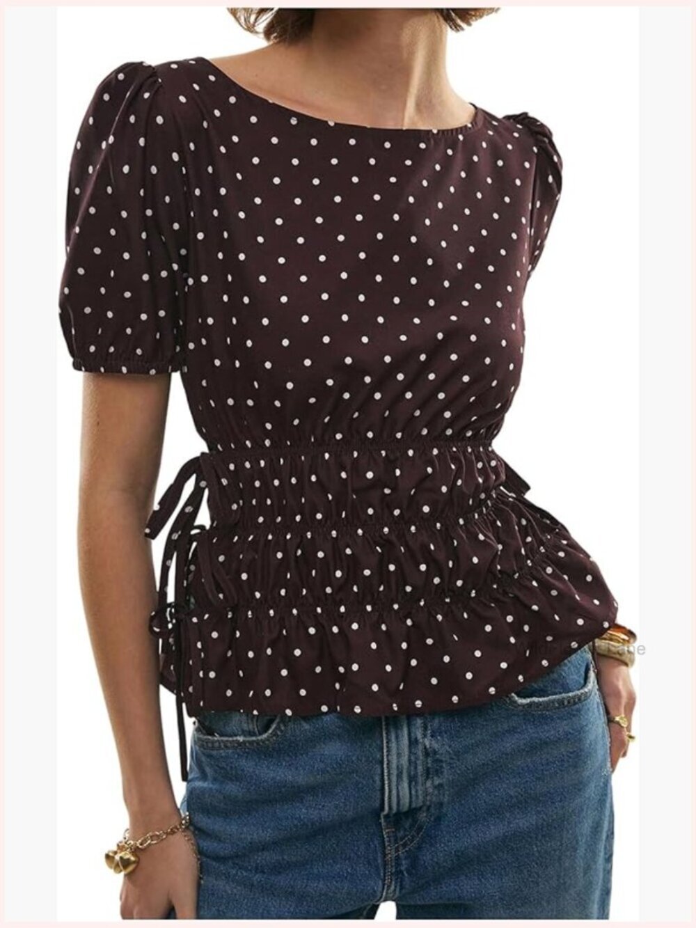 Polka Dot Peplum Blouse Bow Knot Side Slit Cinched Waist Tops